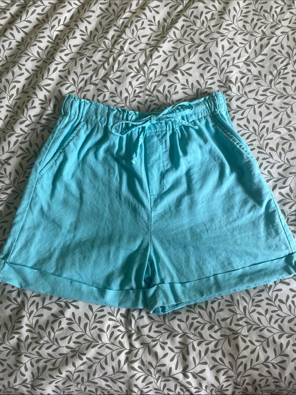 Linen-Cotton Joe Fresh Turquoise High-Waist Drawstring Shorts